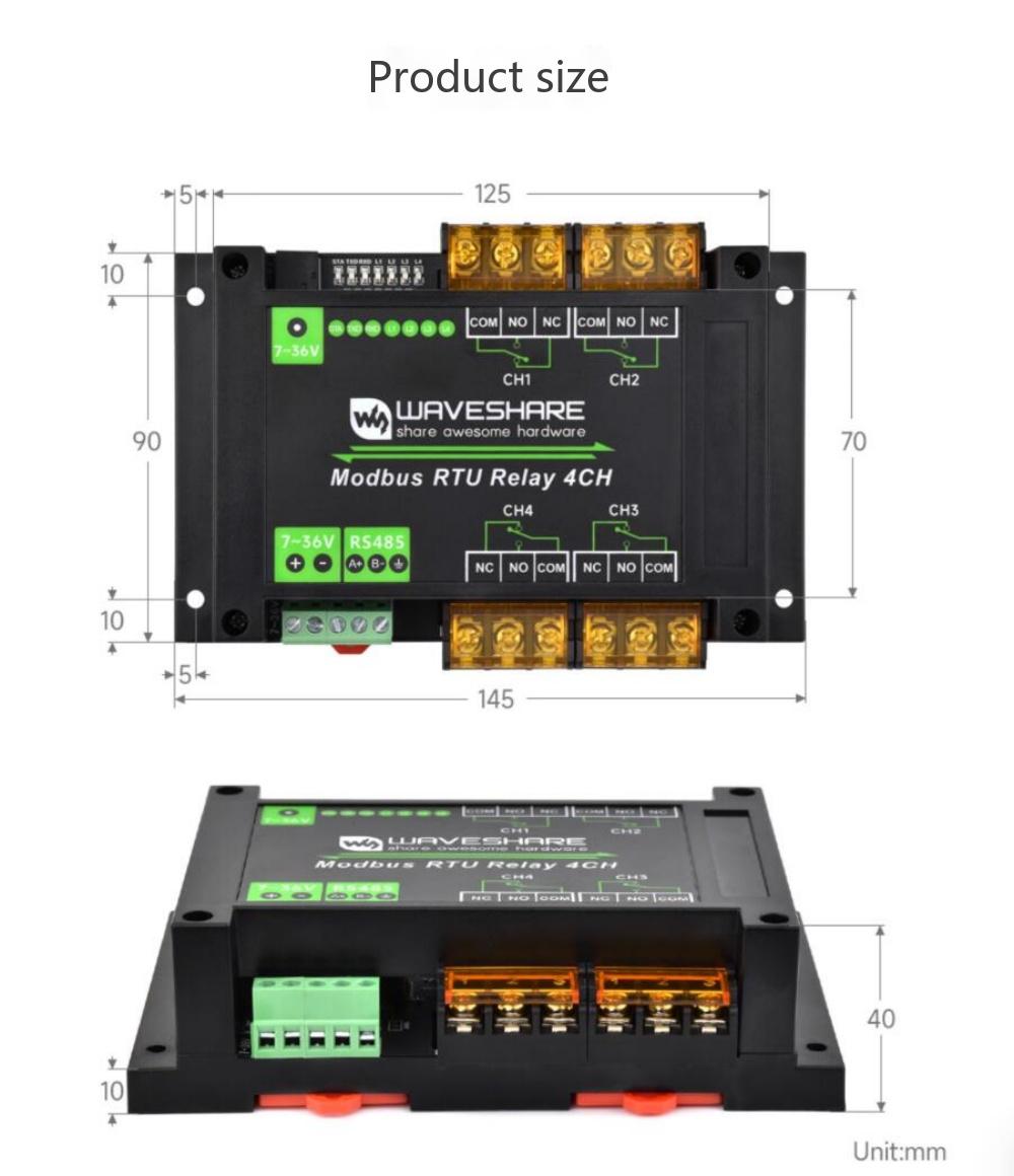 4-channel RS485 relay module 30A high current Modbus RTU protocol Guide rail type housing
