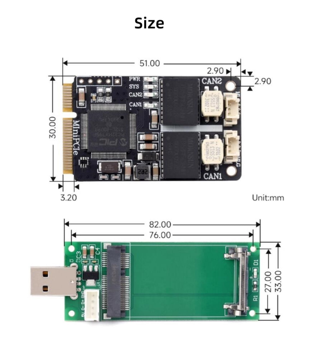 MiniPCle to CAN interface adapter board Dual channel isolated CAN card Support bidirectional transmission