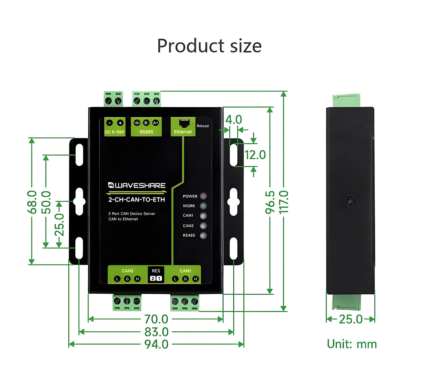Industrial-grade dual CAN to Ethernet server Two-channel CAN + RS485 + Ethernet port