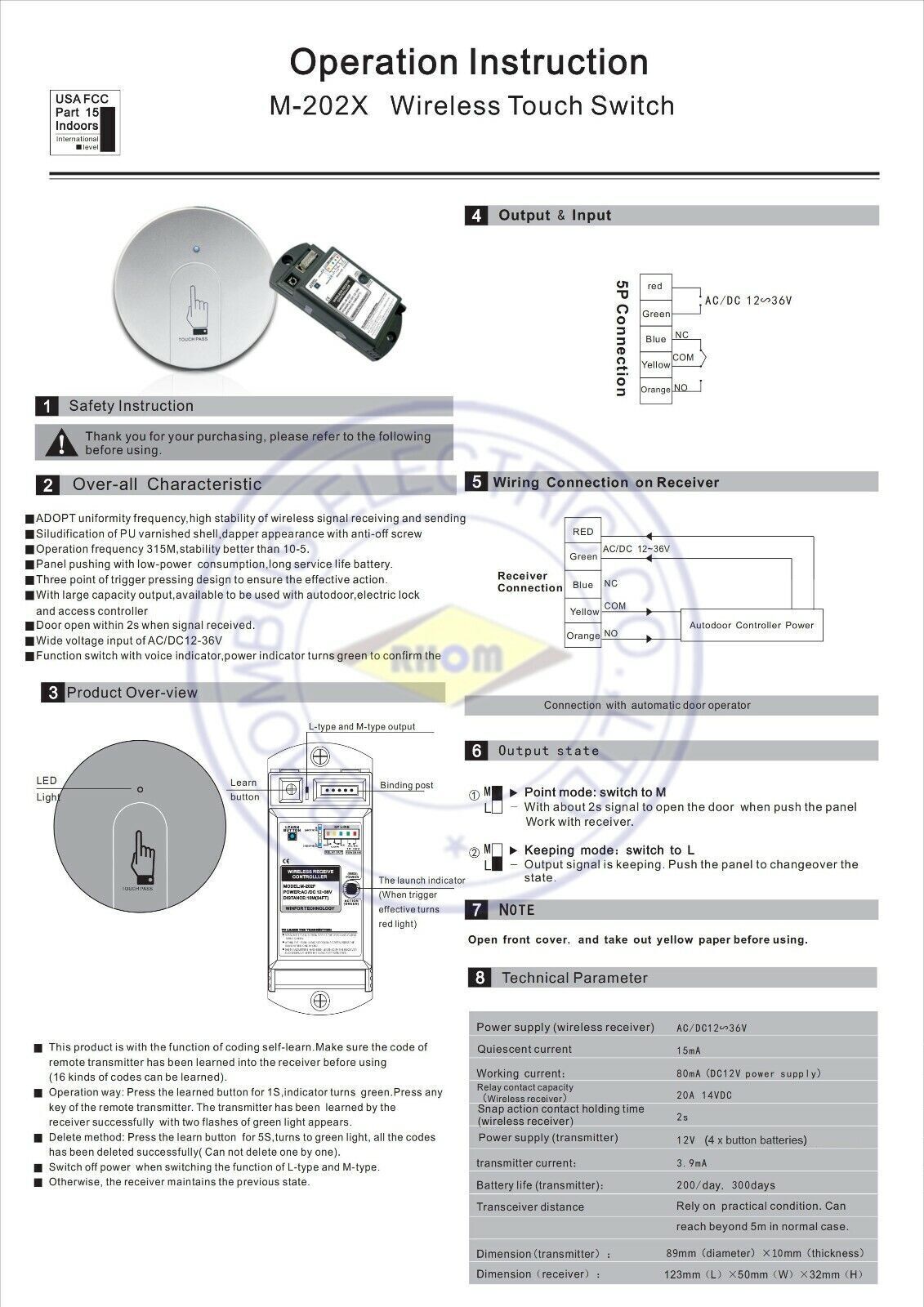 Wireless Remote Control Switch System ,12V ,1CH Transmitter,Receiver , 315MHz