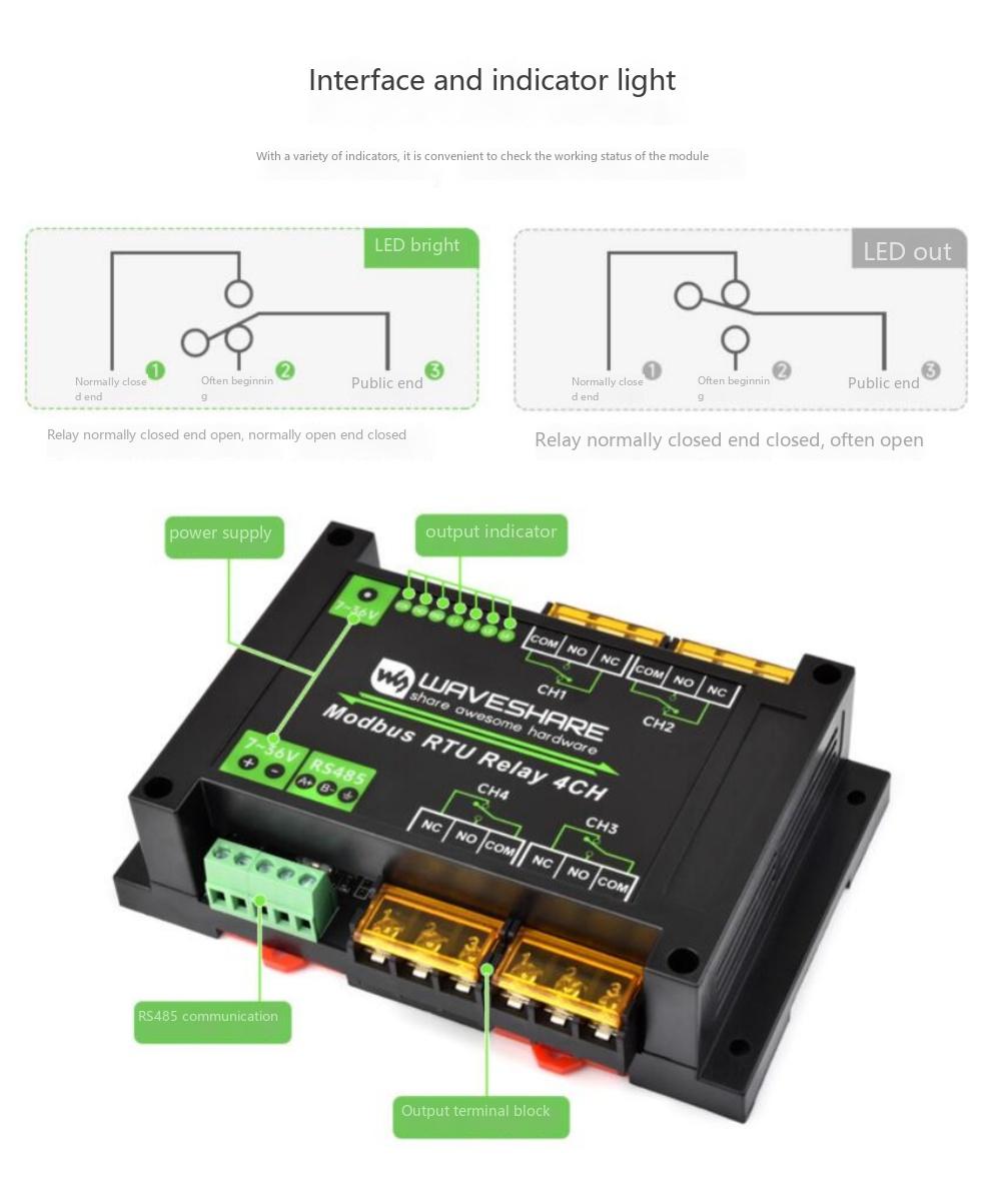 4-channel RS485 relay module 30A high current Modbus RTU protocol Guide rail type housing