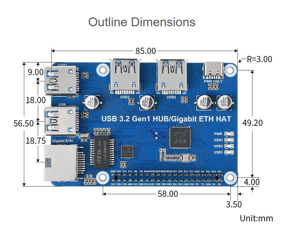 USB 3.2 Gen1 And Gigabit Ethernet HUB HAT for Raspberry Pi, 3x USB, 1x Gigabit ETH, Driver-Free