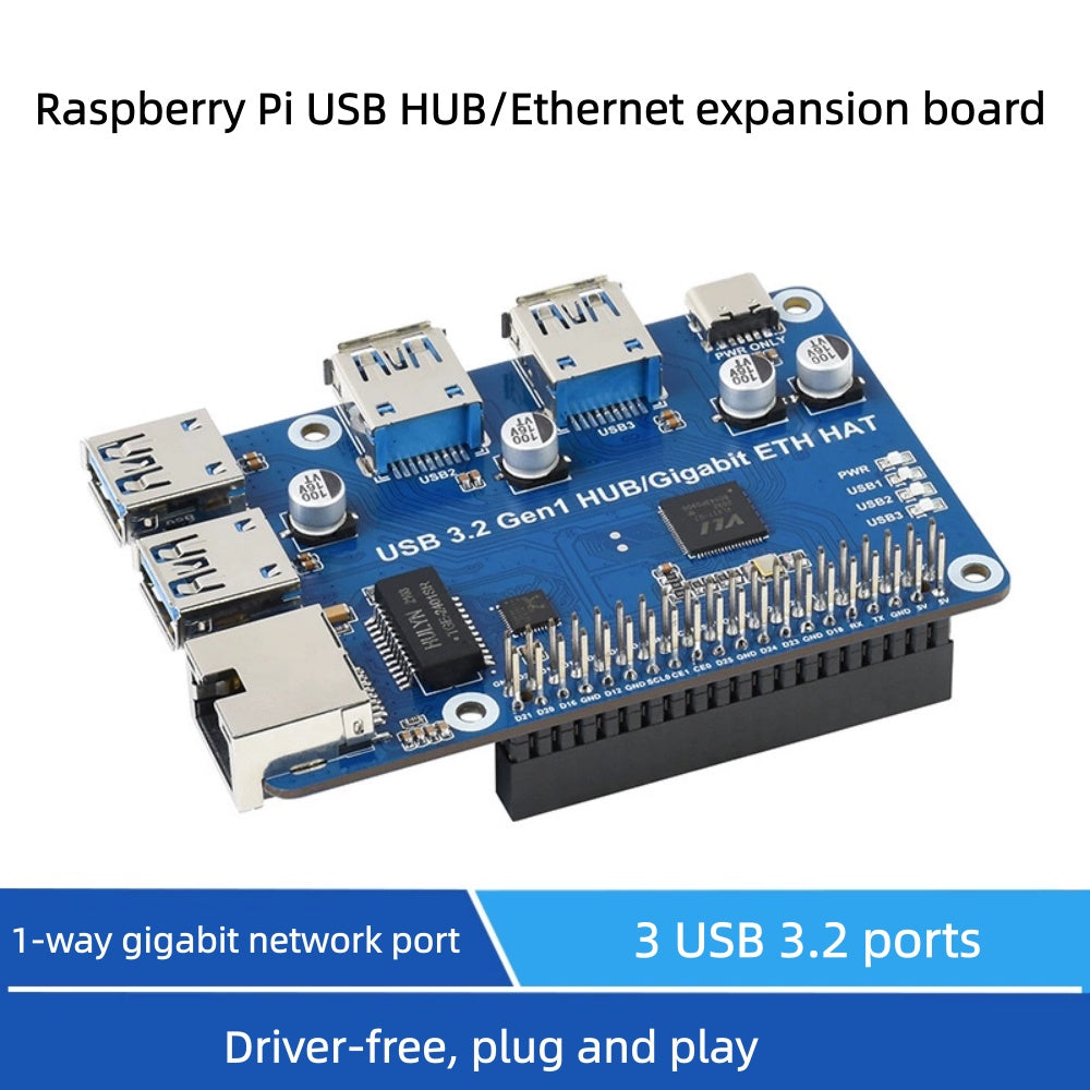 USB 3.2 Gen1 And Gigabit Ethernet HUB HAT for Raspberry Pi, 3x USB, 1x Gigabit ETH, Driver-Free