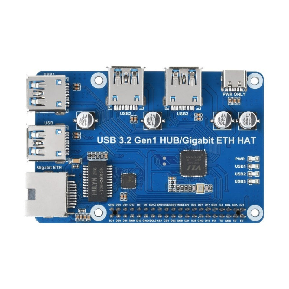 USB 3.2 Gen1 And Gigabit Ethernet HUB HAT for Raspberry Pi, 3x USB, 1x Gigabit ETH, Driver-Free