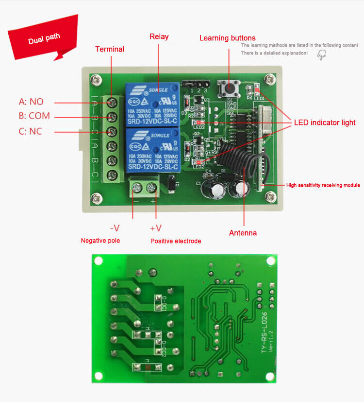 Automatic 12V Dual Four Way Multi-Channel Metal Remote Control Access Switch