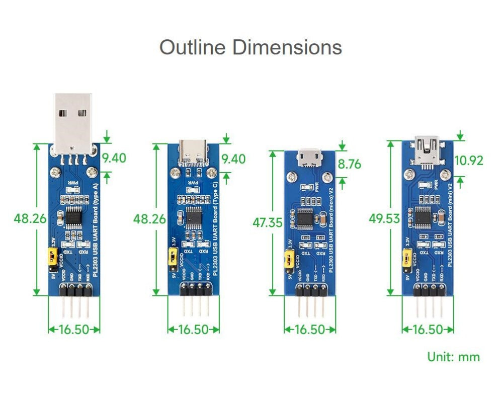 PL2303 USB To UART (TTL) Communication Module, Micro / Mini / Type A / Type C Connector
