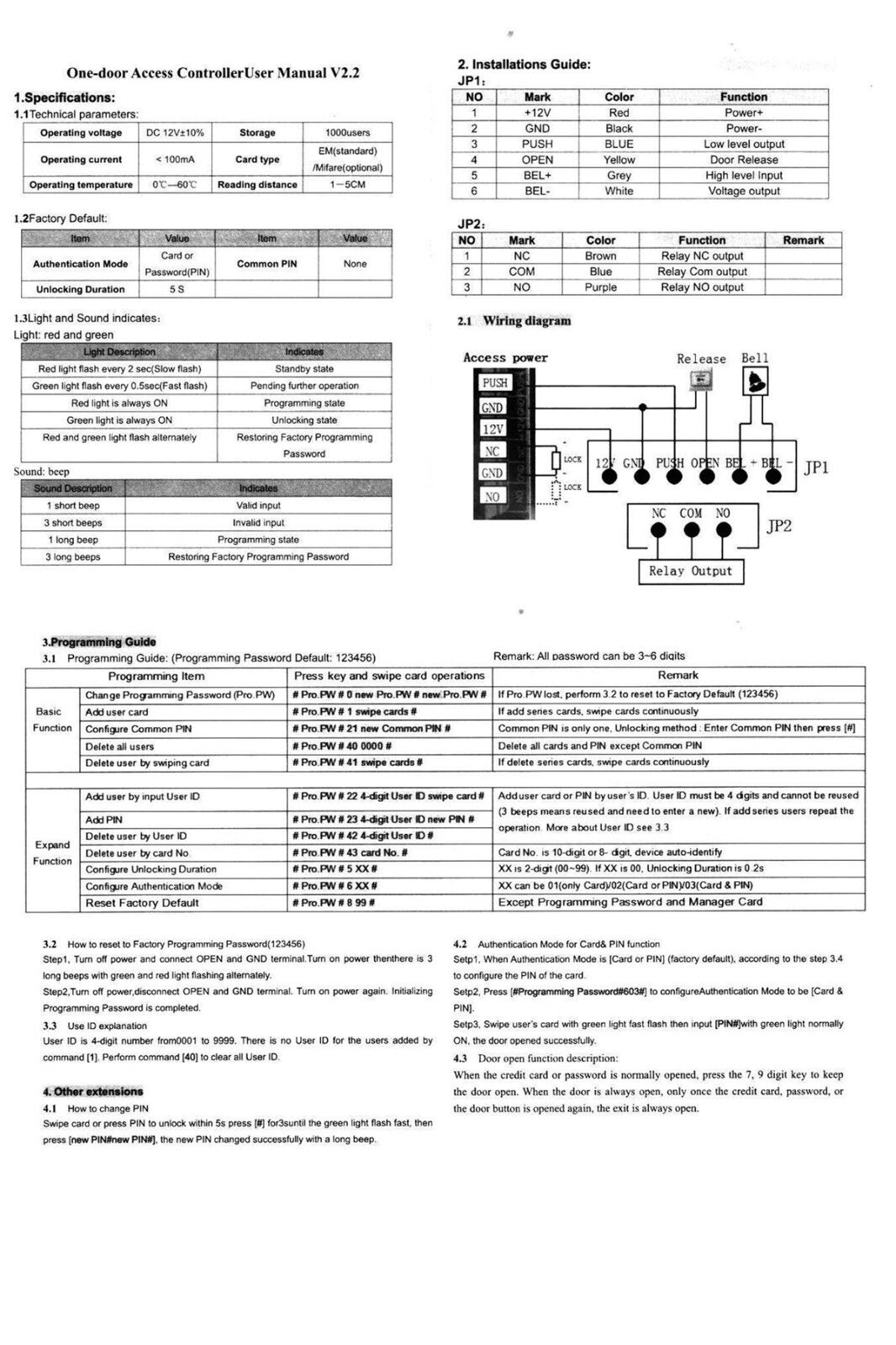 1K user ，EM4100 ，125Khz，Standalone Access Controller