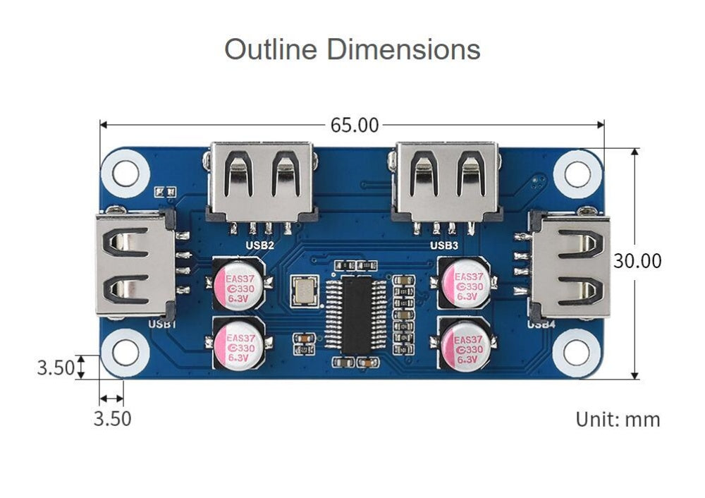 USB HUB HAT (B) for Raspberry Pi Series, 4x USB 2.0 Ports